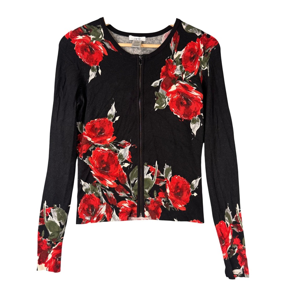 Cache Womens Black Red Rose Floral Print Full Zip Cardigan Sweater Size S